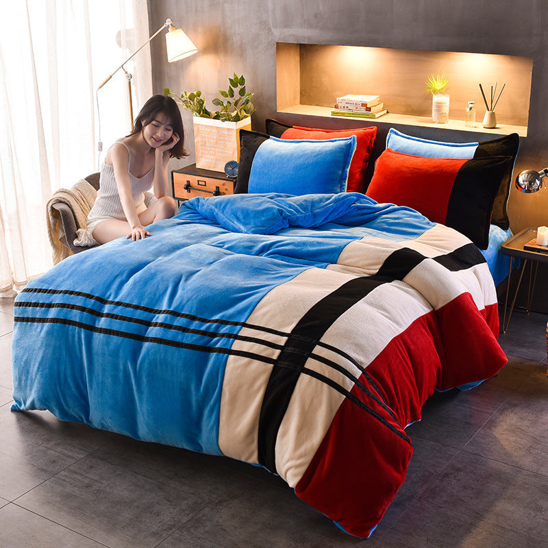 Four-piece Set Of Thickened Color Matching Striped French Velvet Sheets