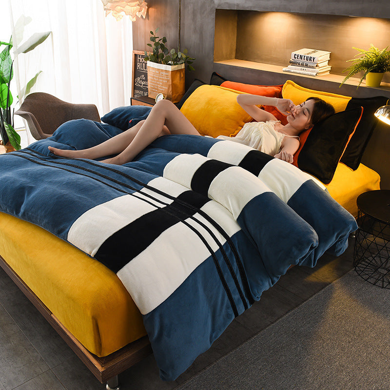 Four-piece Set Of Thickened Color Matching Striped French Velvet Sheets