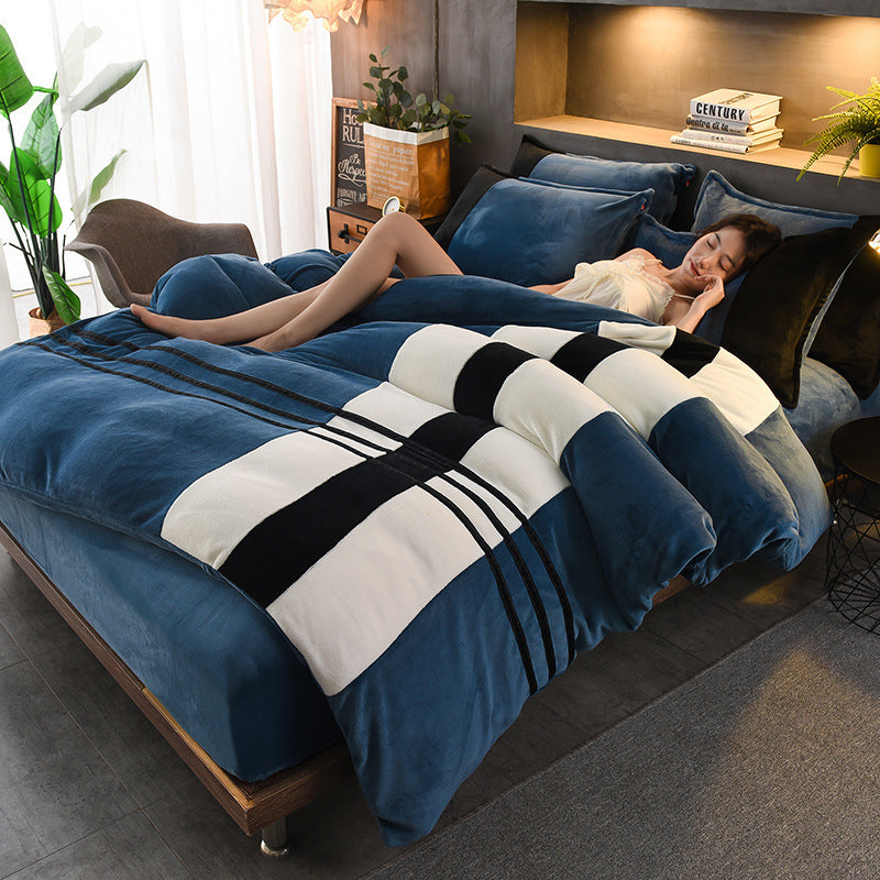 Four-piece Set Of Thickened Color Matching Striped French Velvet Sheets